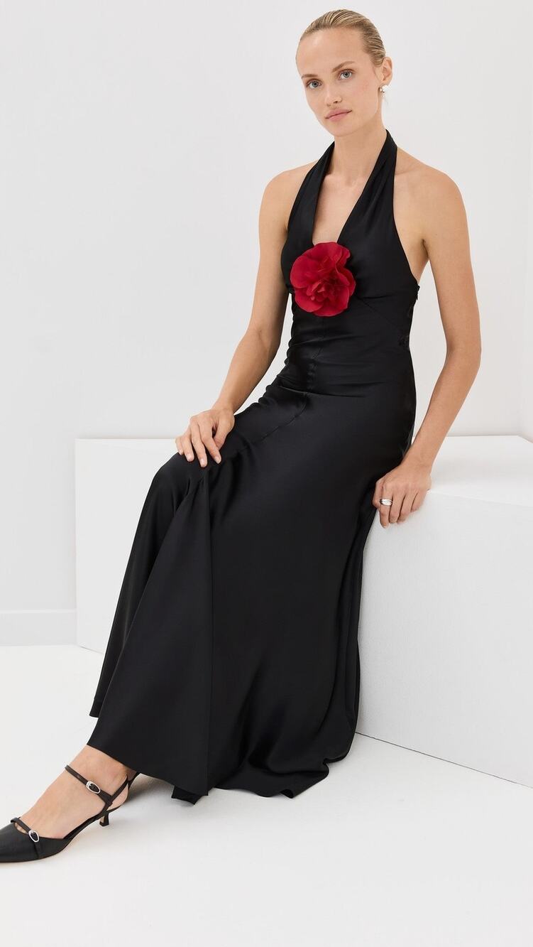 Rodarte Silk Satin Halter Dress With Silk Flower Pin Black - 2
